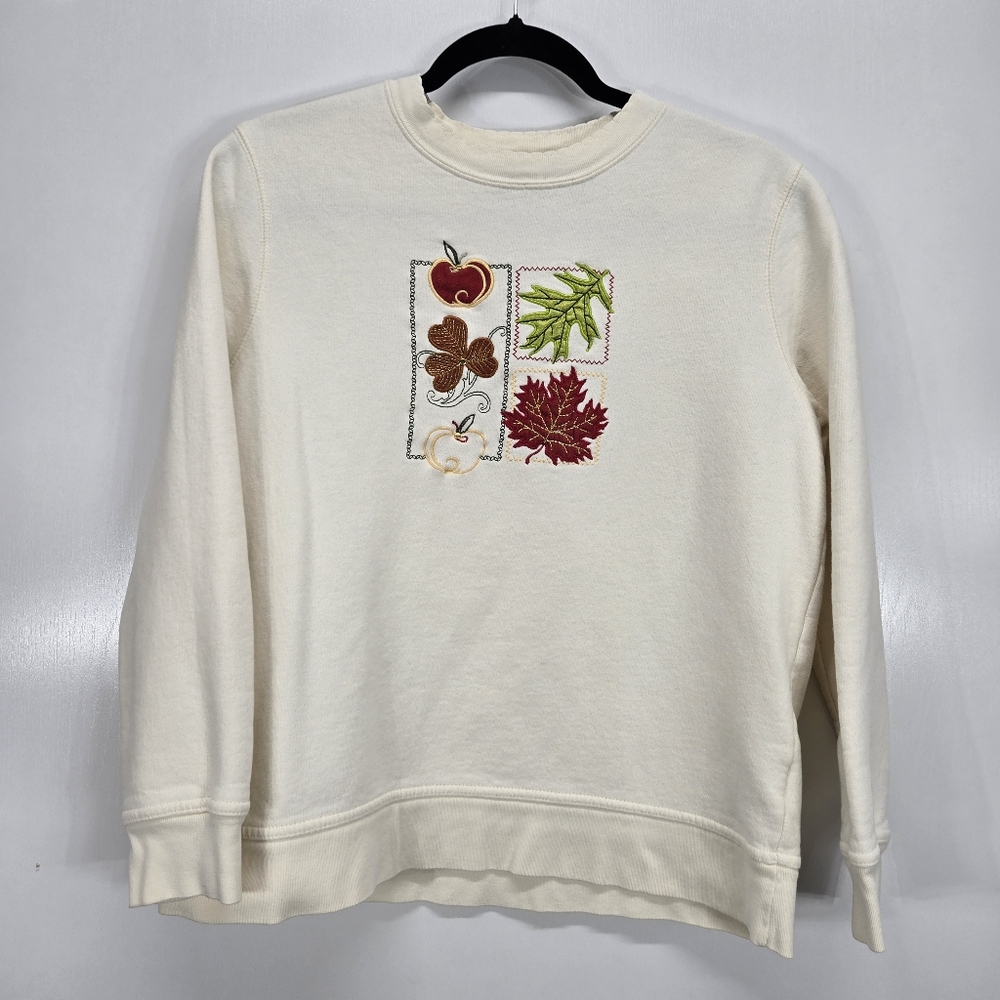 Basic Editions Women’s Vintage Autumn Sweatshirt Off-White Fall Leaves Medium